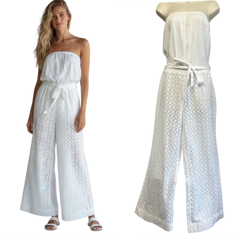 Victoria's Secret White Strapless Eyelet Wide-Leg Jumpsuit